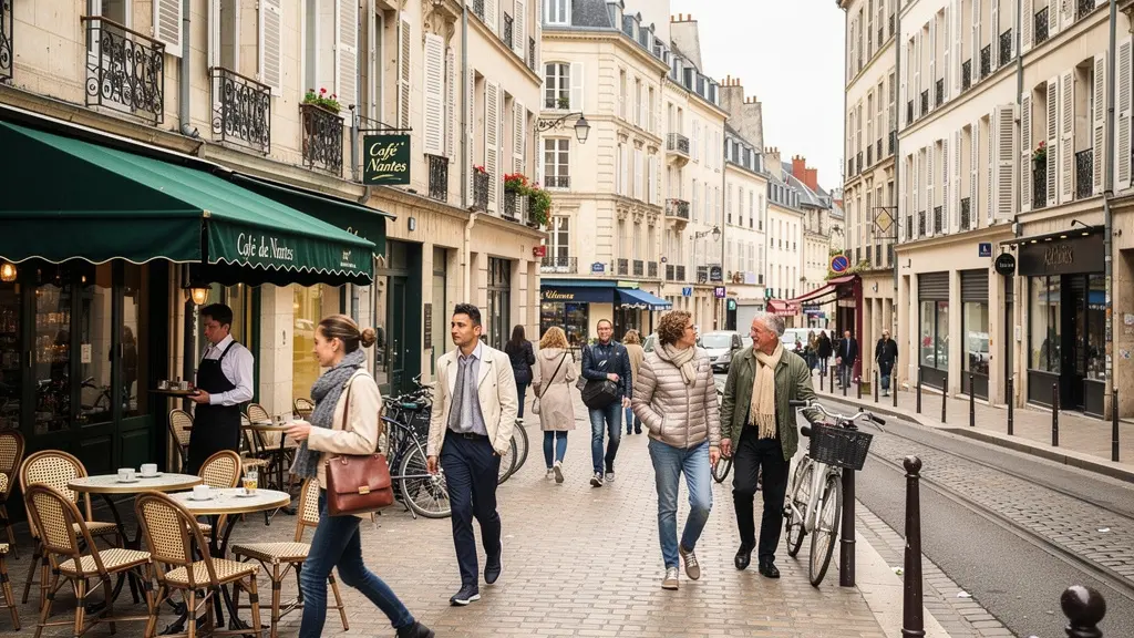 Rue typique de Nantes avec architecture caractéristique et vie de quartier