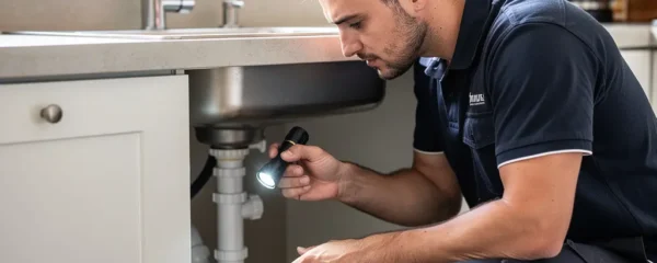 Technicien inspectant canalisation bouchée sous évier de cuisine française