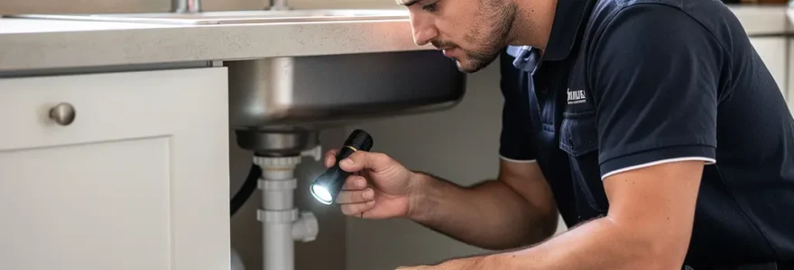 Technicien inspectant canalisation bouchée sous évier de cuisine française