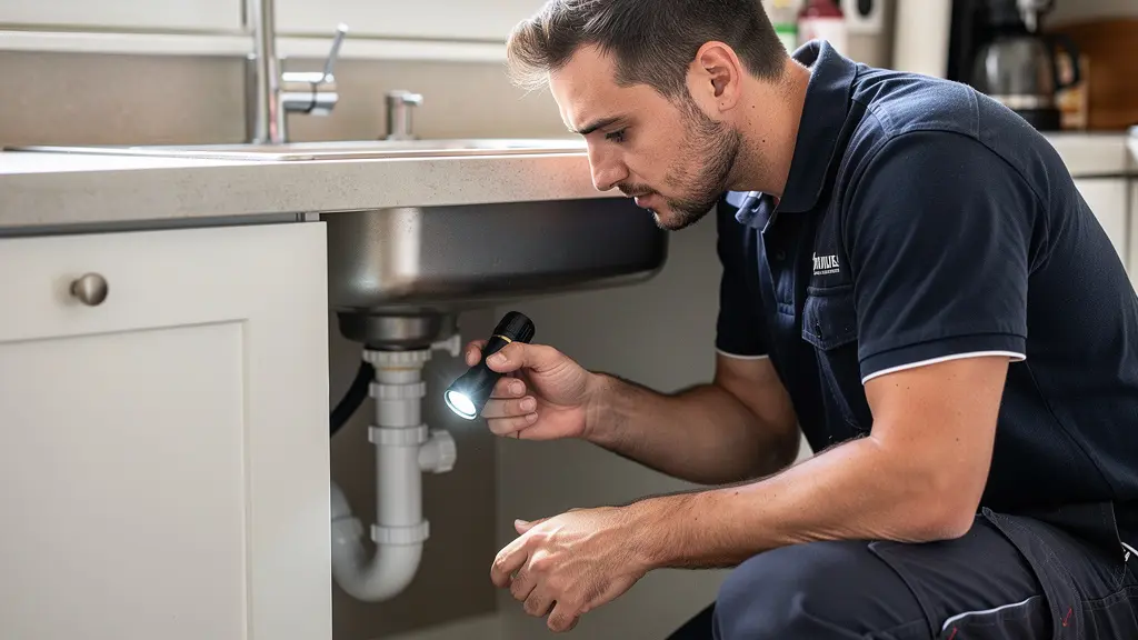 Technicien inspectant canalisation bouchée sous évier de cuisine française