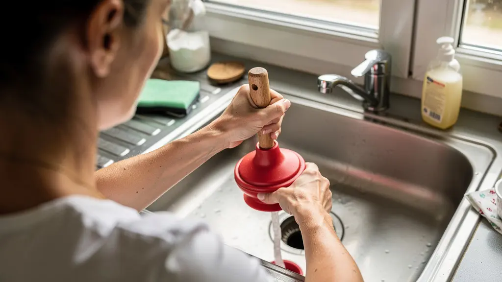 Personne utilisant ventouse pour déboucher évier cuisine