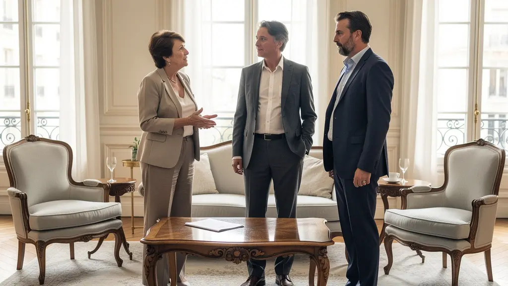 Consultante immobilière en discussion naturelle avec un couple dans un salon lumineux de maison tourangelle