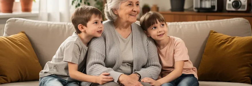 Famille multigénérationnelle regardant des souvenirs vidéo numérisés dans un salon chaleureux