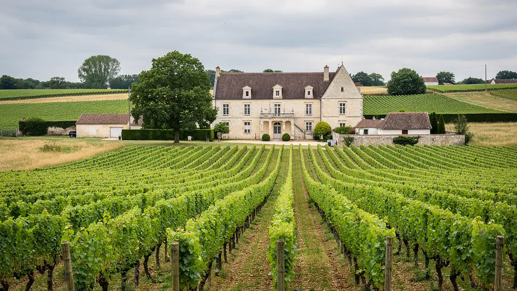 Paysage viticole du Vouvray en Touraine avec propriété de caractère visible entre les rangs de vigne