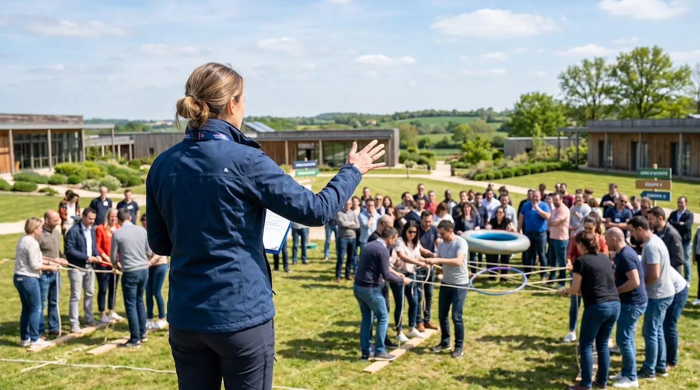 Un animateur professionnel vu de dos gère une activité de team building en extérieur avec des participants flous en arrière-plan