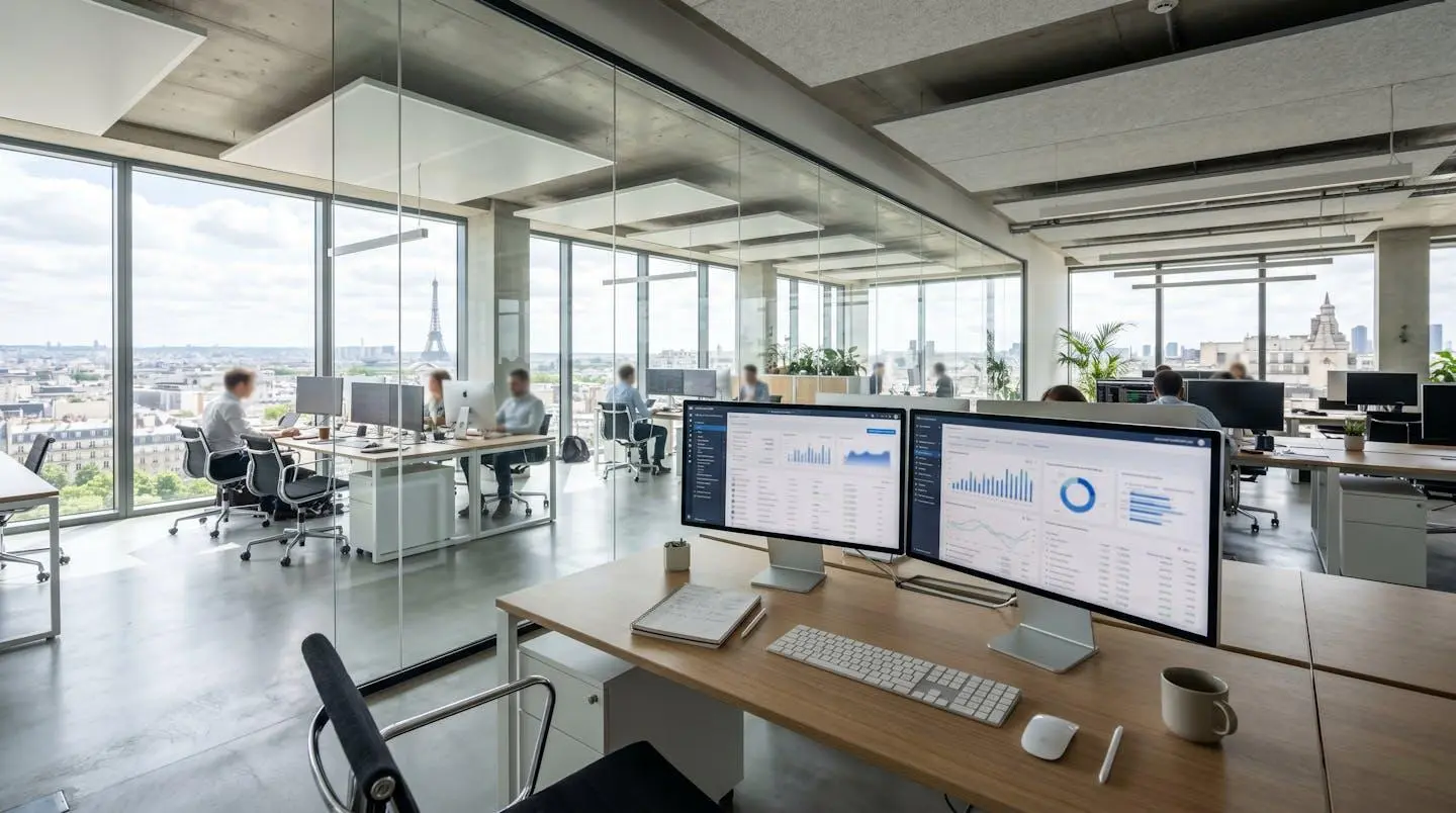 Bureau moderne de direction financière avec écrans affichant des tableaux de bord floutés, lumière naturelle abondante