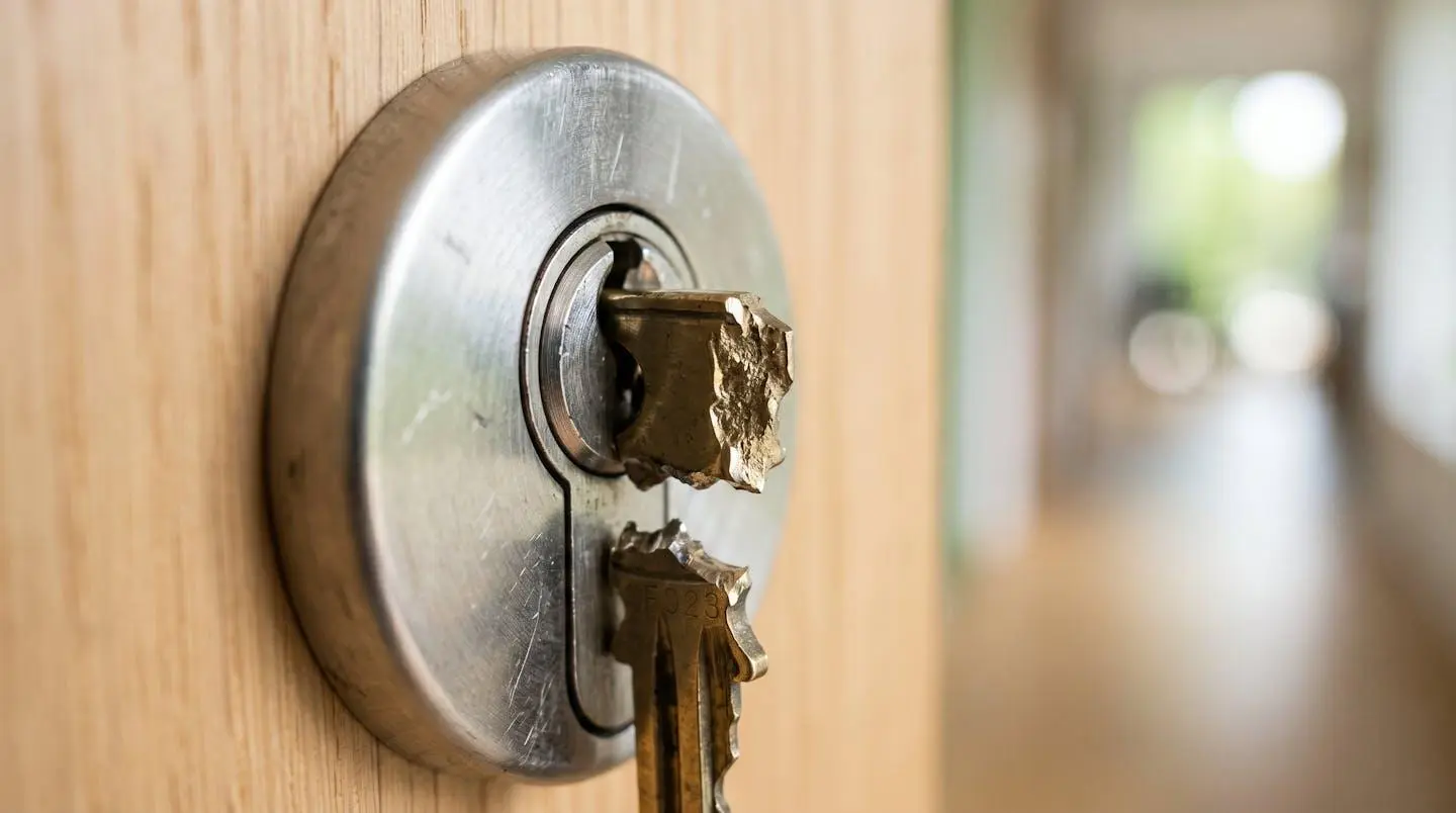 Gros plan extrême sur une clé métallique brisée coincée dans un cylindre de serrure contemporaine avec arrière-plan flouté