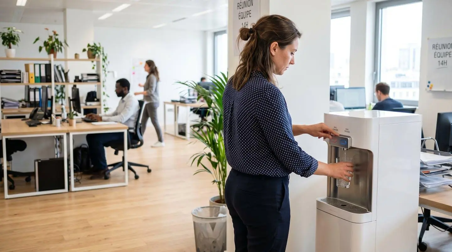 Collaborateur vu de profil remplissant un verre d'eau à une fontaine en open-space, geste naturel, vêtements professionnels décontractés, lumière naturelle douce