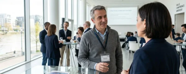 Deux professionnels en tenue décontractée professionnelle échangent dans une salle de séminaire contemporaine baignée de lumière naturelle