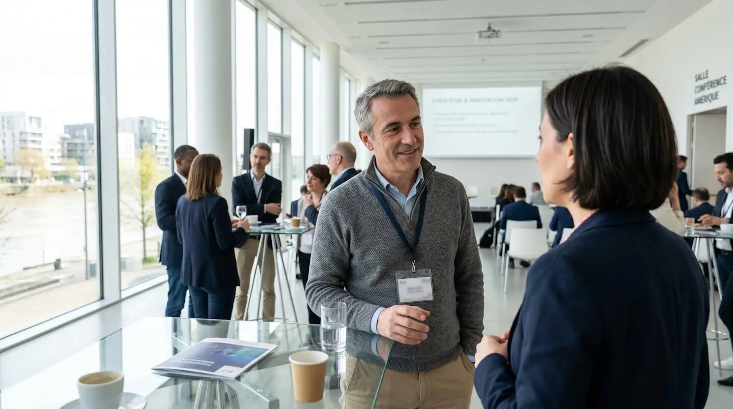 Deux professionnels en tenue décontractée professionnelle échangent dans une salle de séminaire contemporaine baignée de lumière naturelle