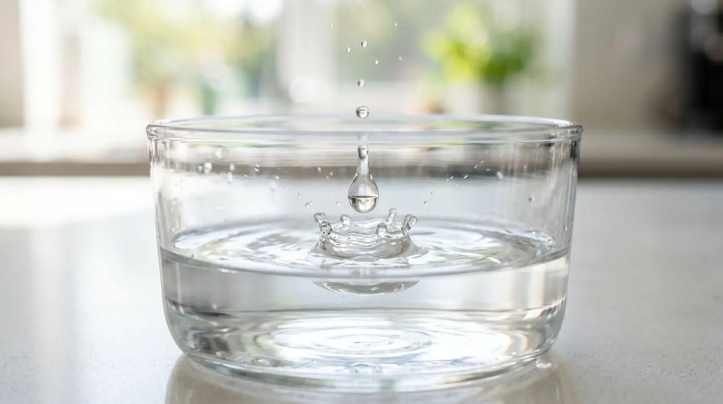 Gros plan sur gouttes d'eau cristallines tombant dans un verre transparent, eau fraîche, reflets lumineux, fond neutre et clair