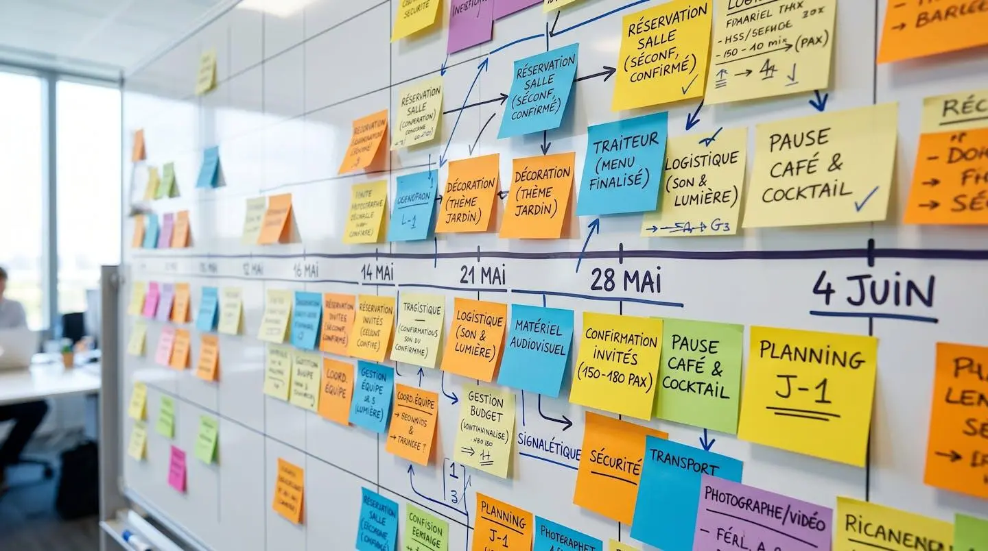 Gros plan sur un tableau de planification d'événement avec des post-its colorés et une timeline visible