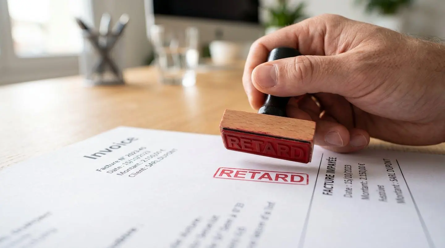 Gros plan sur une main apposant un tampon rouge RETARD sur une facture, détail des textures du document