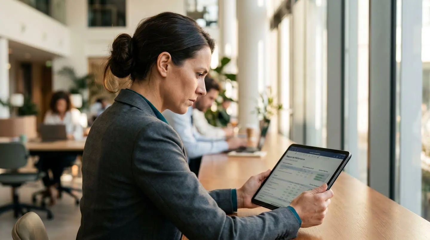 Professionnelle de la finance consultant des documents financiers sur une tablette, expression concentrée, vue de profil