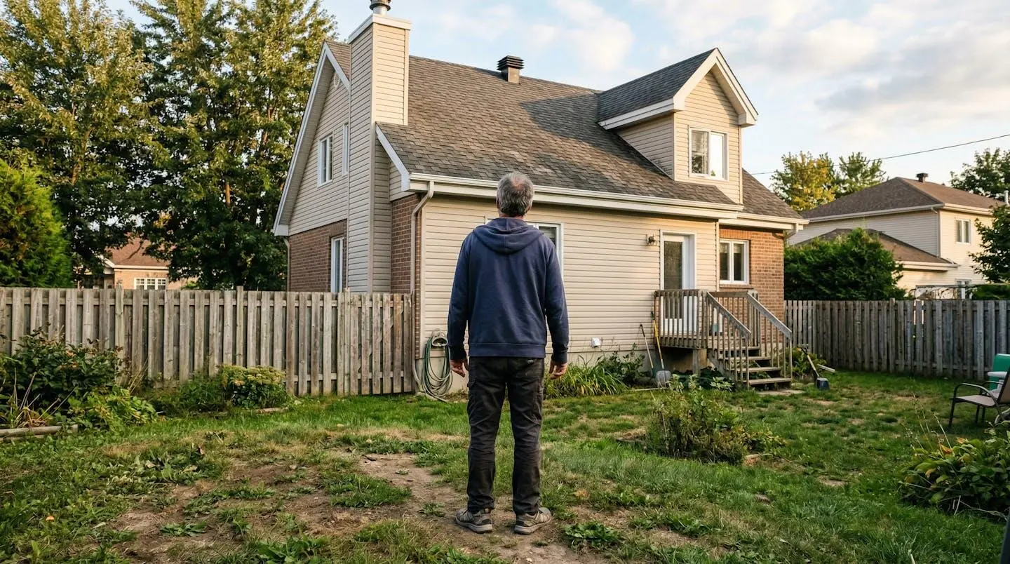 Personne vue de dos dans un jardin résidentiel, levant les yeux vers le toit d'une maison québécoise typique