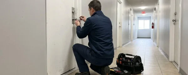 Un serrurier professionnel vu de dos manipule une serrure moderne sur une porte d'appartement dans un couloir résidentiel lumineux