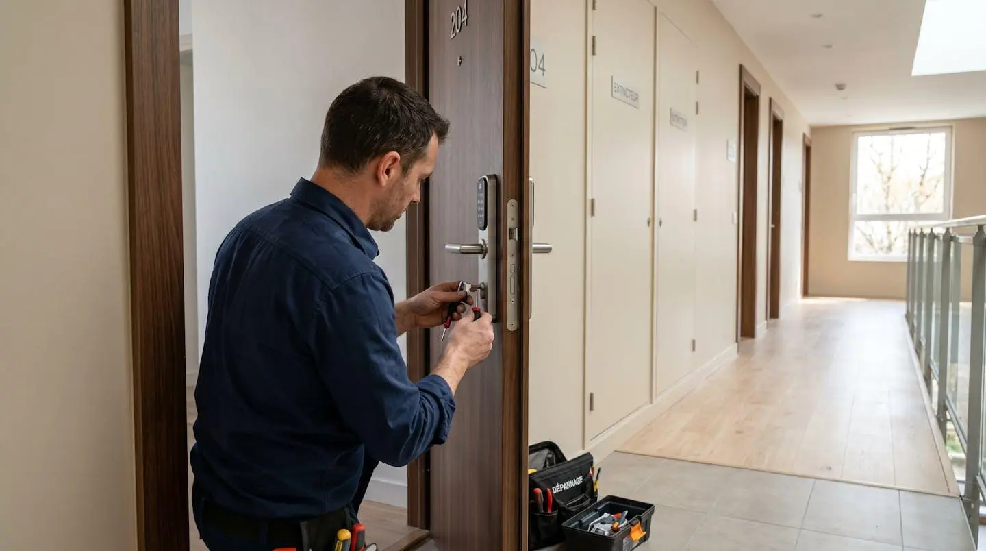 Un serrurier professionnel vu de dos manipule une serrure moderne sur une porte d'appartement dans un couloir résidentiel lumineux