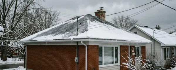 Vue d'une toiture résidentielle couverte d'une légère couche de neige, photographiée depuis le sol par temps couvert