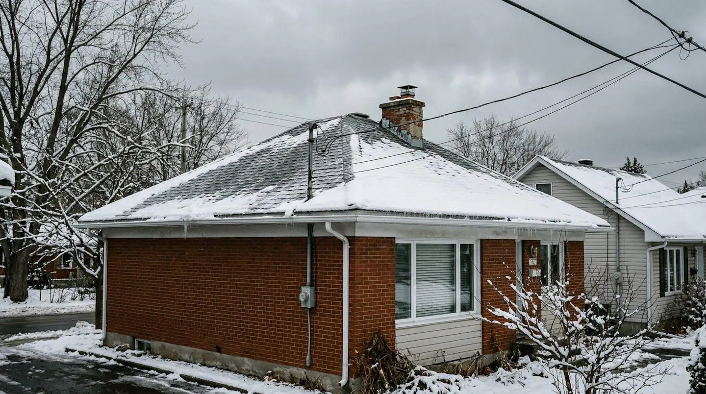 Vue d'une toiture résidentielle couverte d'une légère couche de neige, photographiée depuis le sol par temps couvert