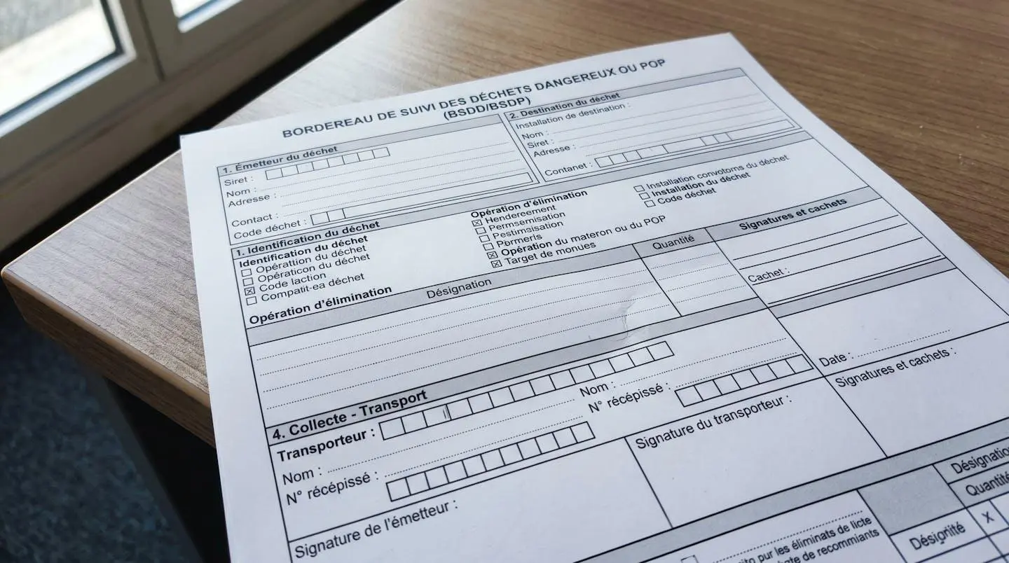 Bordereau de suivi de déchets posé sur un bureau avec champs de traçabilité et signatures