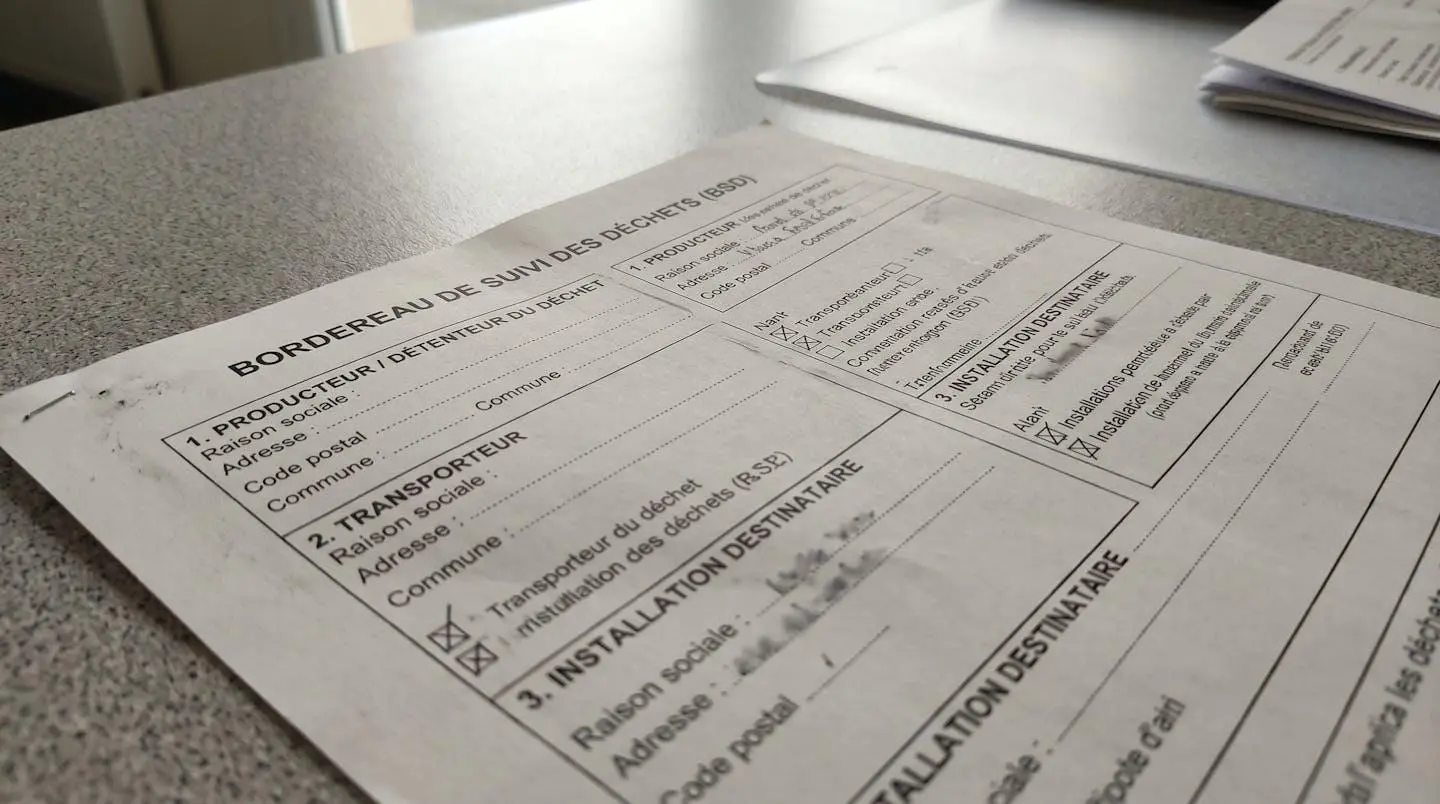 Bordereau de suivi de déchets posé sur un bureau avec champs de traçabilité et signatures
