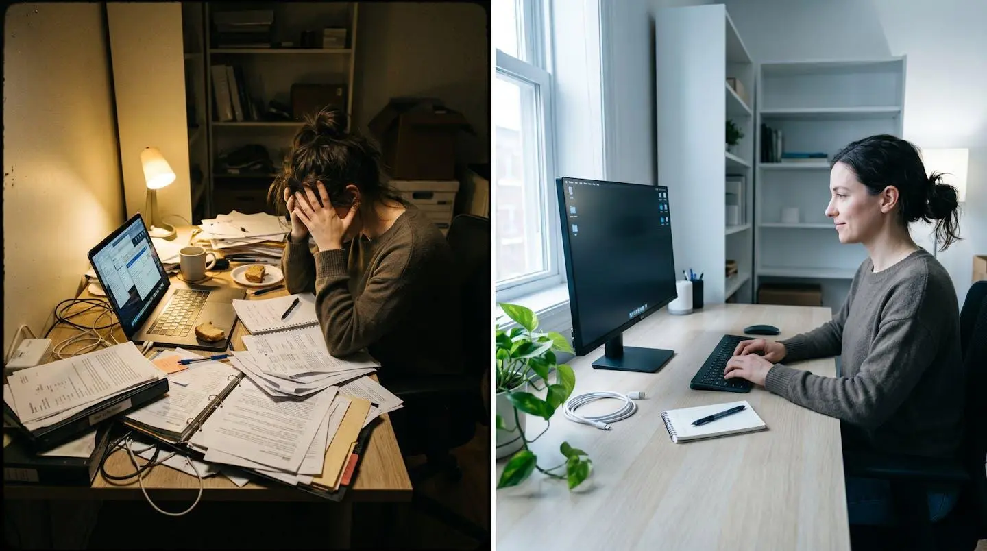 Bureau avant/après : du chaos de dossiers à un poste de travail épuré avec un seul écran.