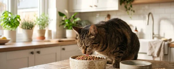 Chat adulte mangeant des croquettes adaptées à son âge dans un environnement domestique lumineux