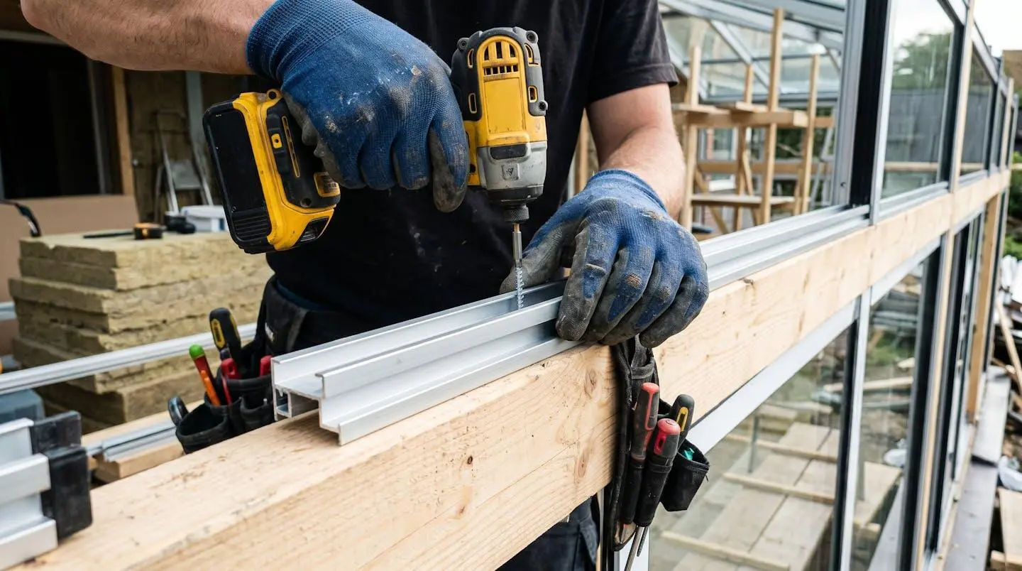 Installateur professionnel fixant un profilé de solarium, mise en avant du savoir-faire.