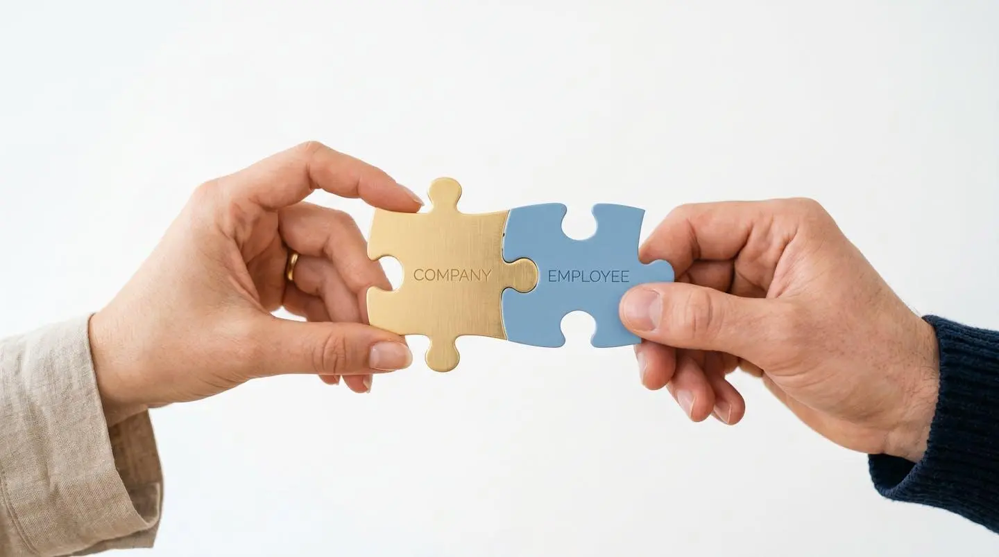Deux mains assemblant des pièces de puzzle dorée et bleue, symbolisant la collaboration entre entreprise et salarié.