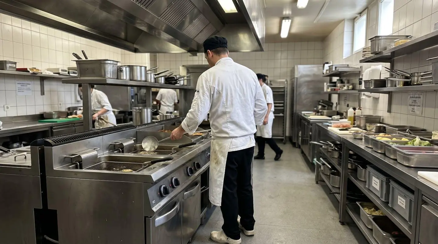 Professionnel en tenue de cuisine vu de dos travaillant près d'une friteuse professionnelle en acier inoxydable