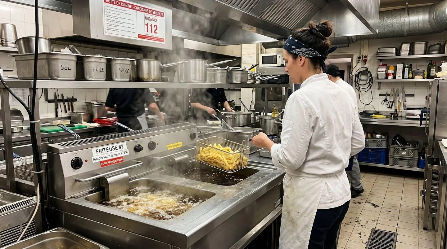 Professionnel en tenue de cuisine vu de dos travaillant près d'une friteuse professionnelle en acier inoxydable