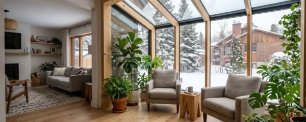 Solarium lumineux avec salon cosy attenant à une maison, vue sur jardin enneigé.