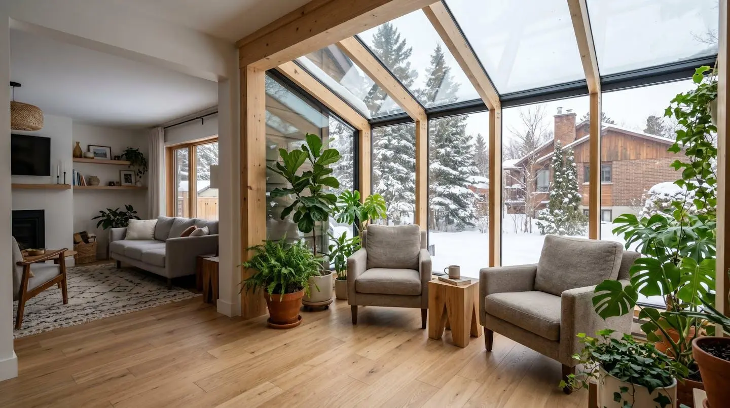 Solarium lumineux avec salon cosy attenant à une maison, vue sur jardin enneigé.