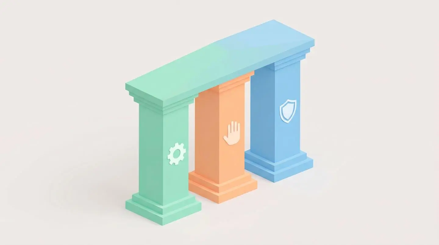 Trois piliers de couleurs représentant la simplicité, la flexibilité et la conformité, soutenant la productivité.