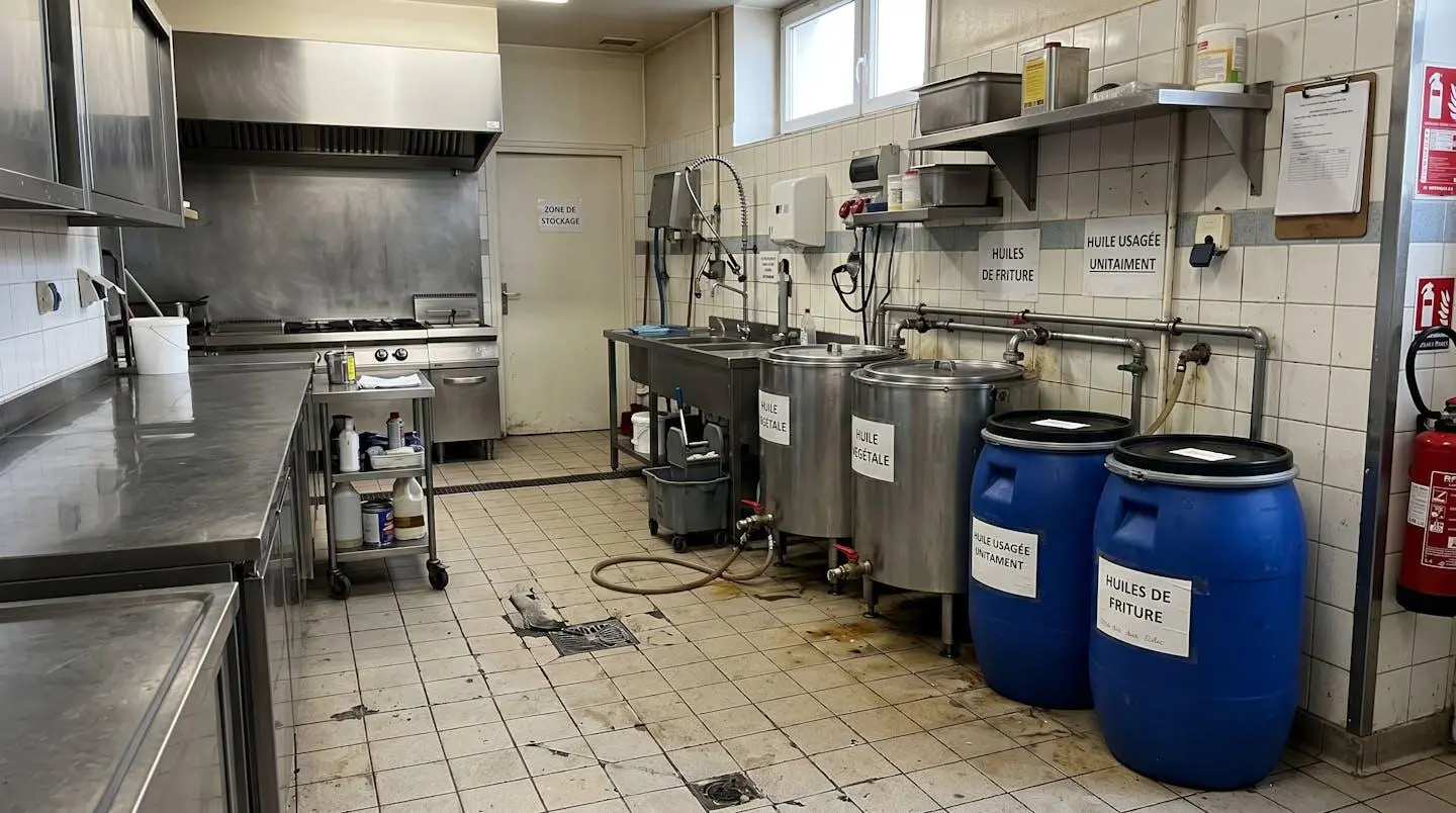 Zone de stockage des huiles usagées dans une cuisine professionnelle avec contenants en acier inoxydable