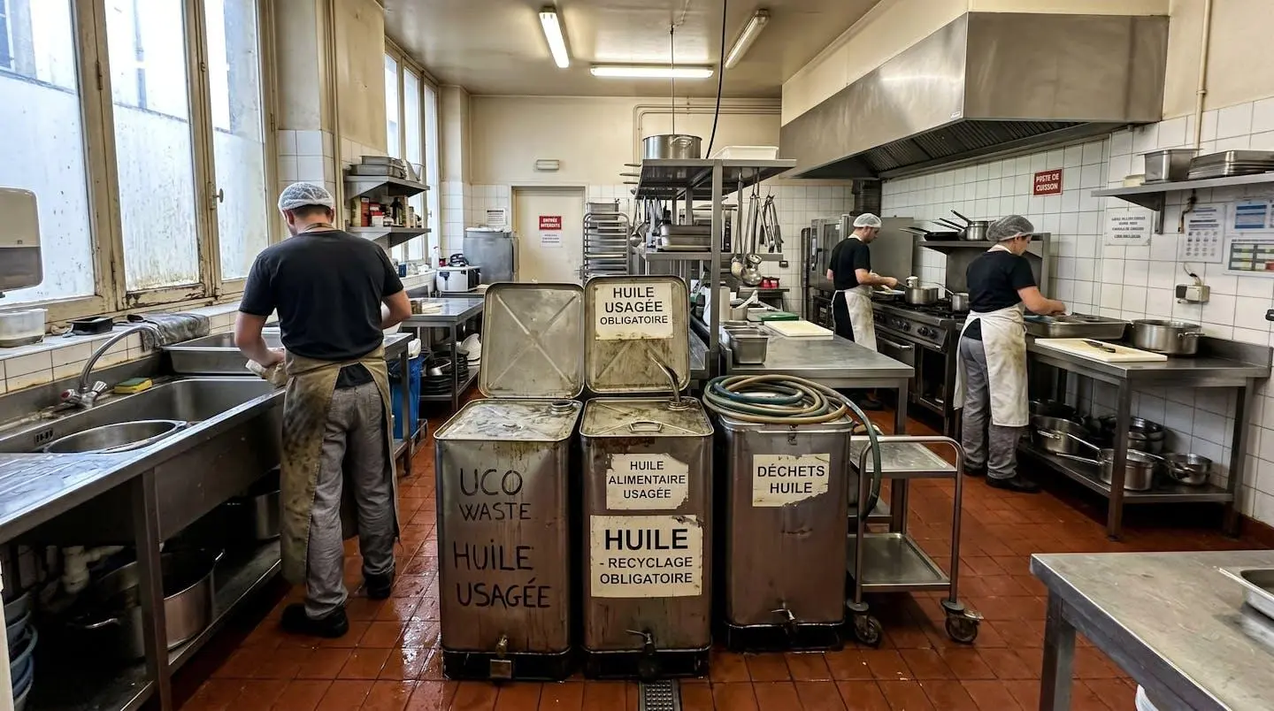 Zone de stockage des huiles usagées dans une cuisine professionnelle avec contenants en acier inoxydable