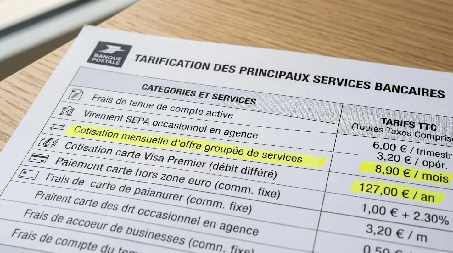 Analyse d'une grille tarifaire bancaire officielle en français affichée sur écran avec personne surlignant les lignes de frais