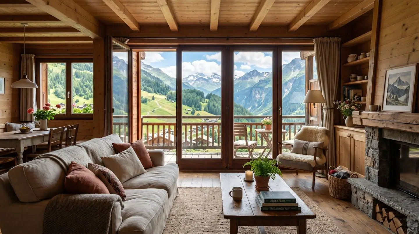 Intérieur d'un appartement montagnard avec grande baie vitrée ouvrant sur les Alpes en été