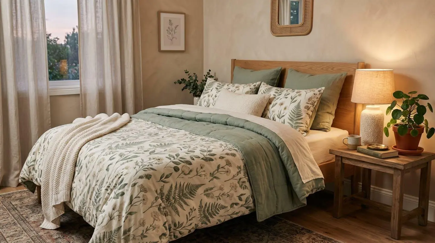 Chambre cosy avec housse de couette à motif botanique vert sauge sur lit double, plante verte et lampe de chevet en céramique