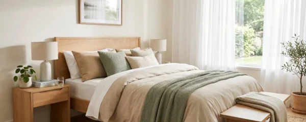 Chambre lumineuse avec housse de couette en percale de coton ton lin et coussins texturés sur lit double