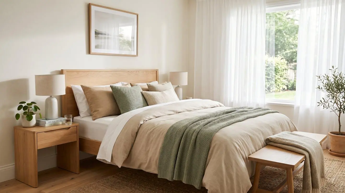 Chambre lumineuse avec housse de couette en percale de coton ton lin et coussins texturés sur lit double