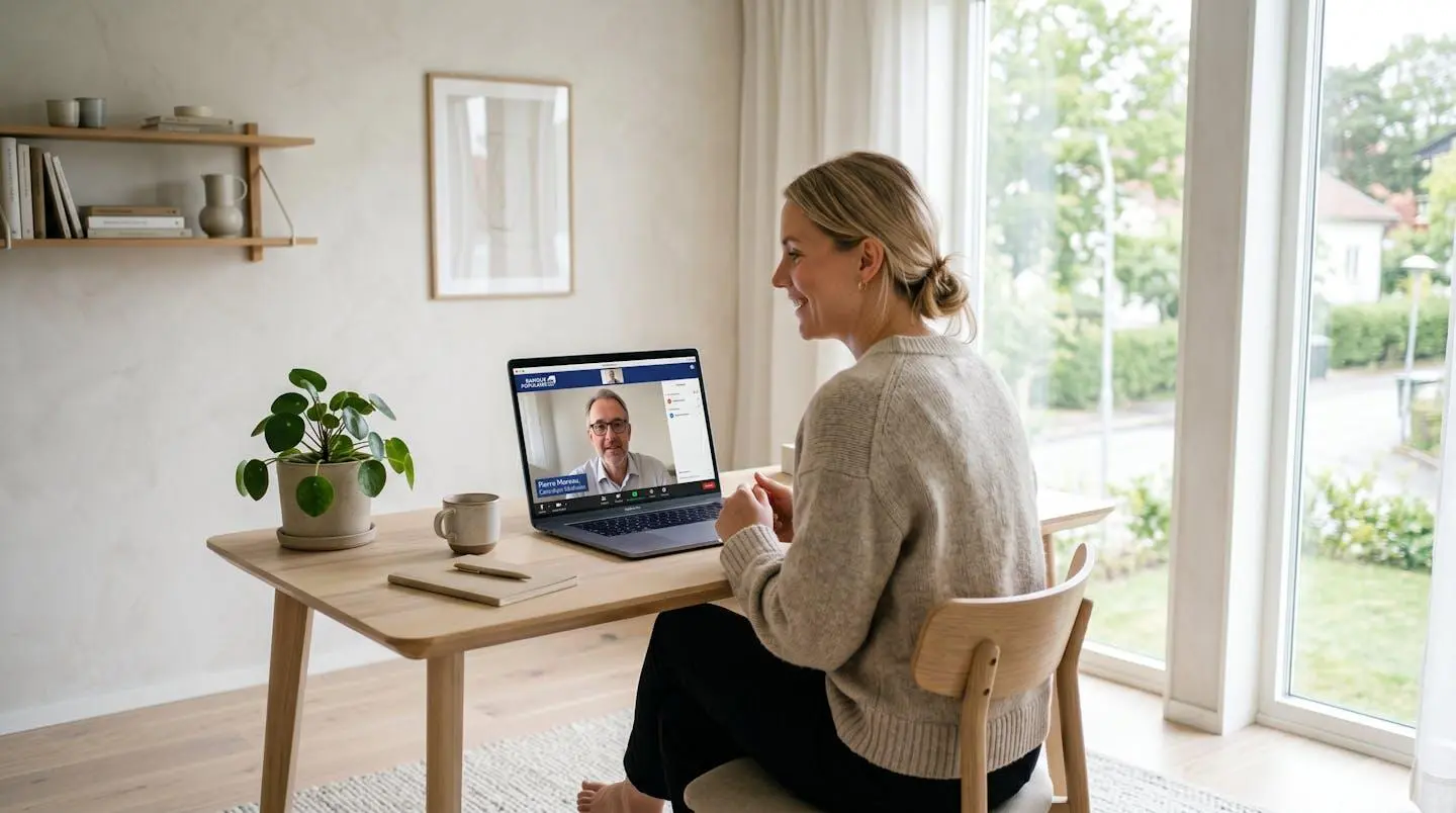 Client en visioconférence avec conseiller bancaire sur ordinateur portable dans un intérieur lumineux contemporain, interface en français
