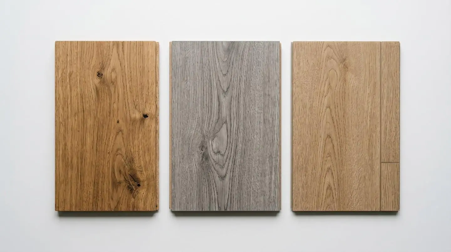 Détail côte à côte de trois échantillons de plancher : bois naturel, stratifié et vinyle LVP, posés sur une surface neutre