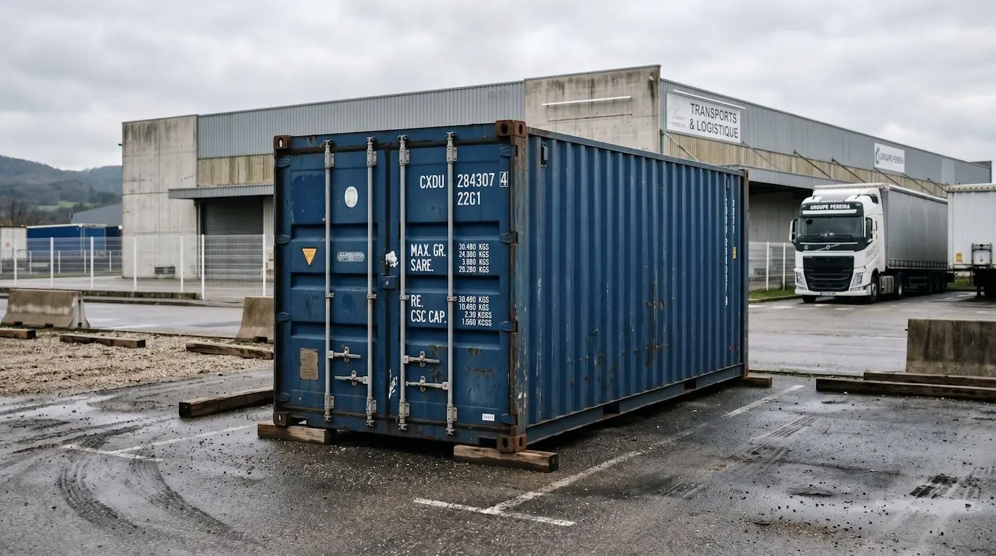 Container maritime de 20 pieds installé sur parking d'entreprise avec portes sécurisées fermées