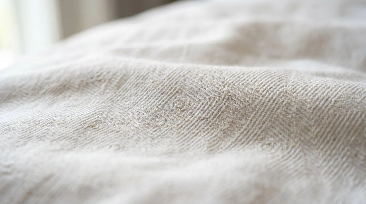 Gros plan sur texture de percale de coton blanc crème d'une housse de couette avec motif discret géométrique