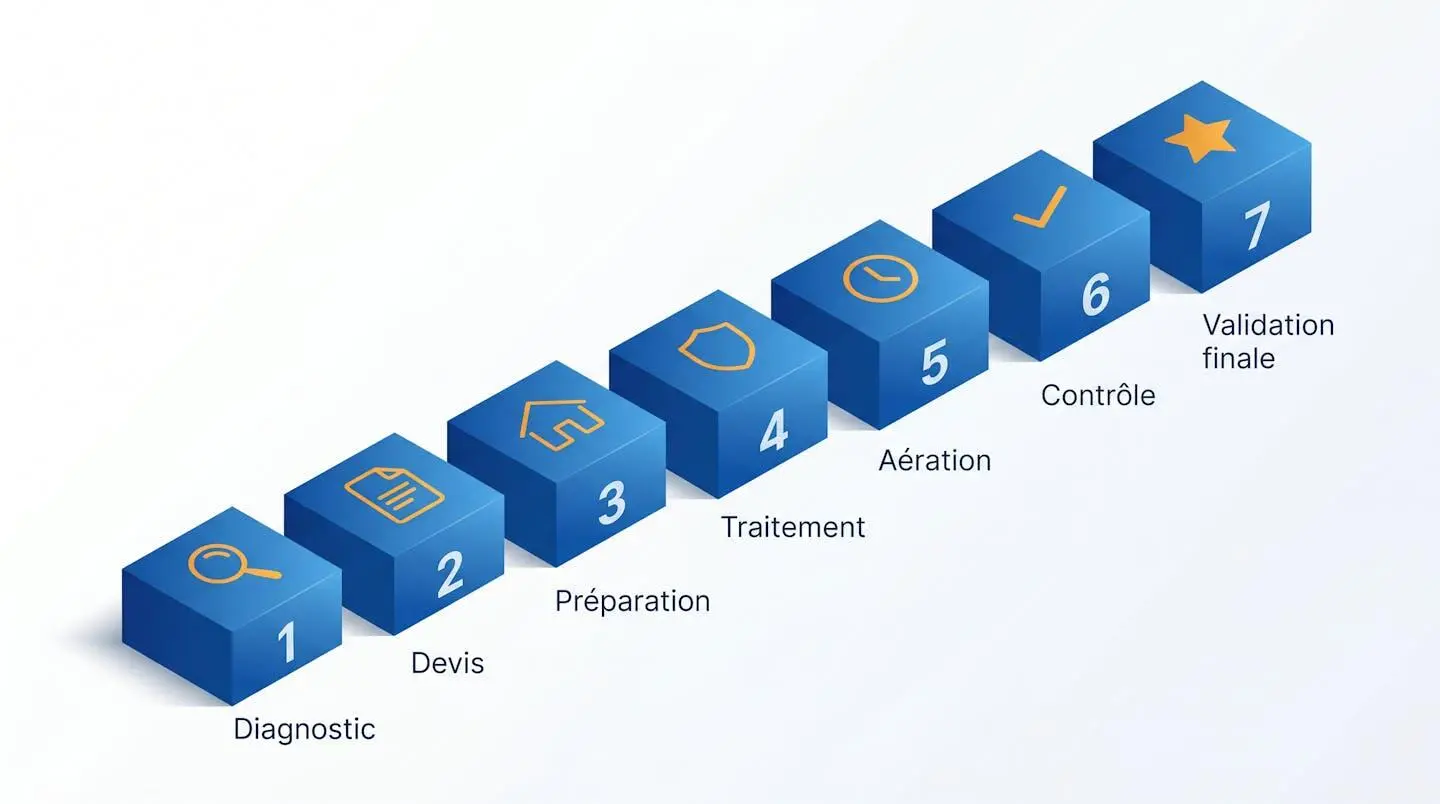Diagramme isométrique en 7 étapes illustrant le processus d'intervention : diagnostic, devis, préparation, traitement, aération, contrôle et validation finale