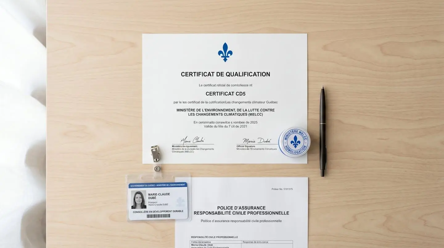 Vue aérienne de documents officiels québécois disposés sur table claire : certificat CD5 avec fleur de lys, carte professionnelle et assurance responsabilité civile