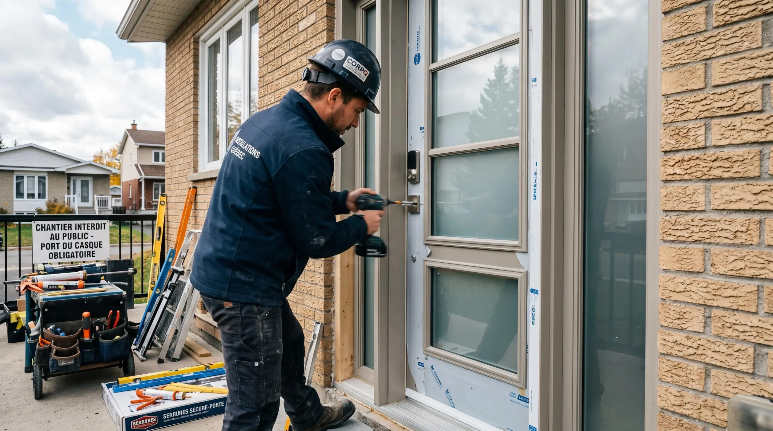 Entrepreneur certifié RBQ installant une porte d'entrée sécurisée dans une résidence québécoise avec outils spécialisés