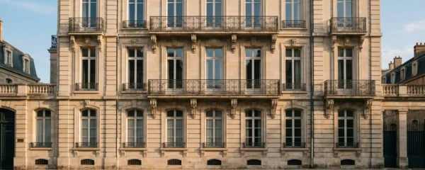 Façade d'immeuble haussmannien en pierre de taille avec balcons en fer forgé dans le centre historique de Dijon, lumière dorée d'après-midi