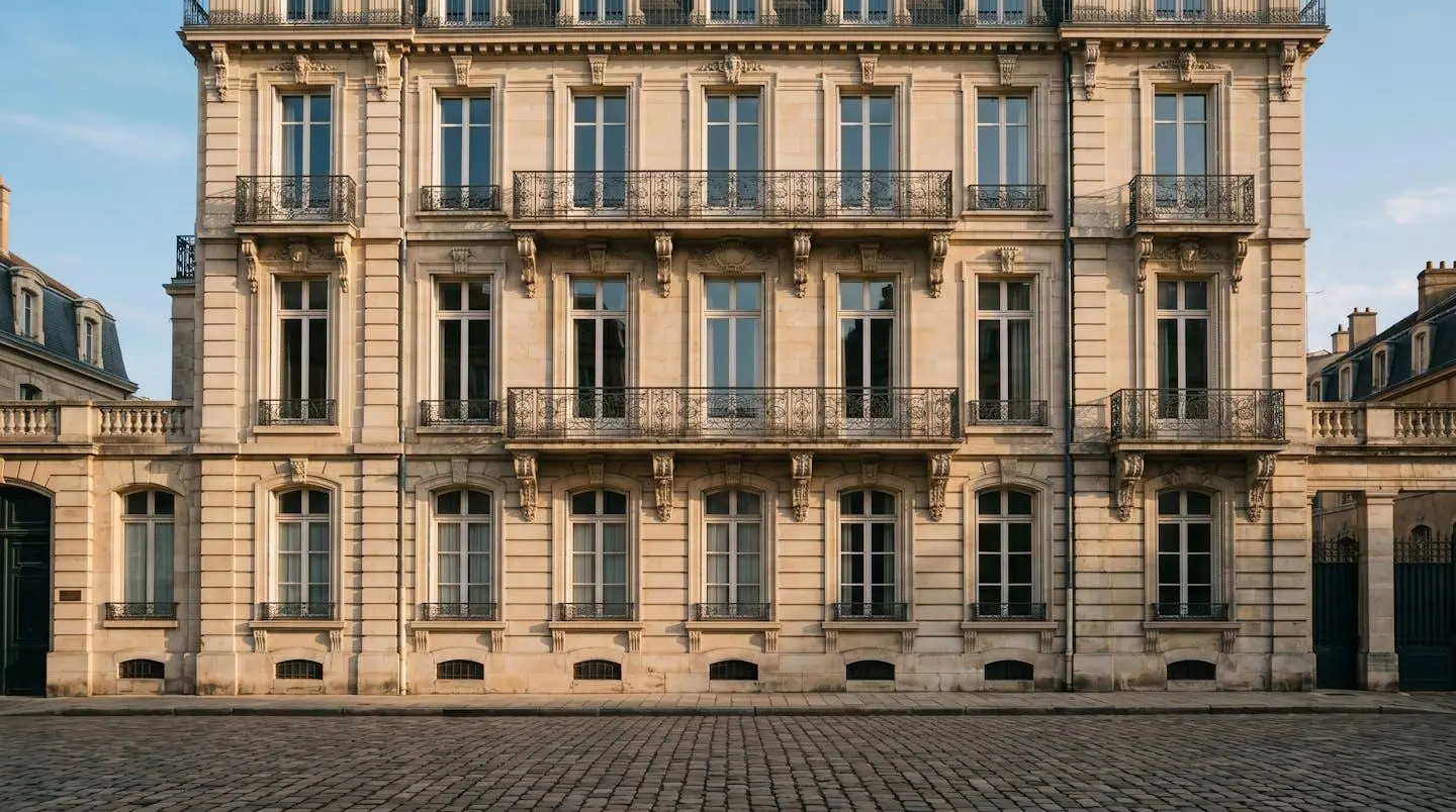 Façade d'immeuble haussmannien en pierre de taille avec balcons en fer forgé dans le centre historique de Dijon, lumière dorée d'après-midi